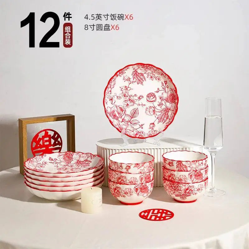 Modern Red Dinner Set Plates Luxury Designer Italian Round Plates Dinner Sets Ceramic Elegant Aparelho De Jantar Kitchen Dishes