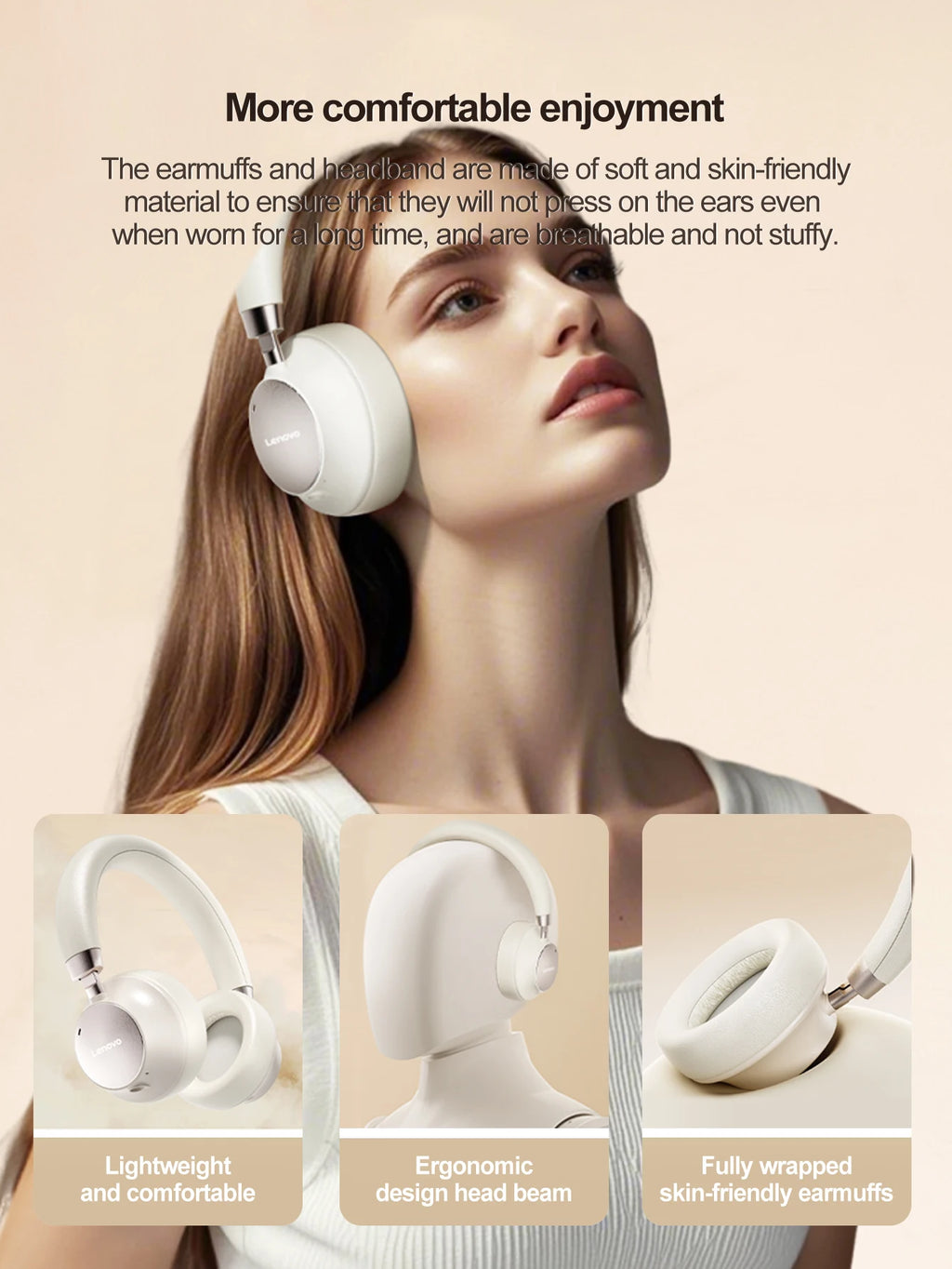Lenovo TB300 Bluetooth 5.4 Over Ear Headset Noise Reduction Mic 190g Light Soft Earpads 400mAh Battery 3.5mm Wired Headphones