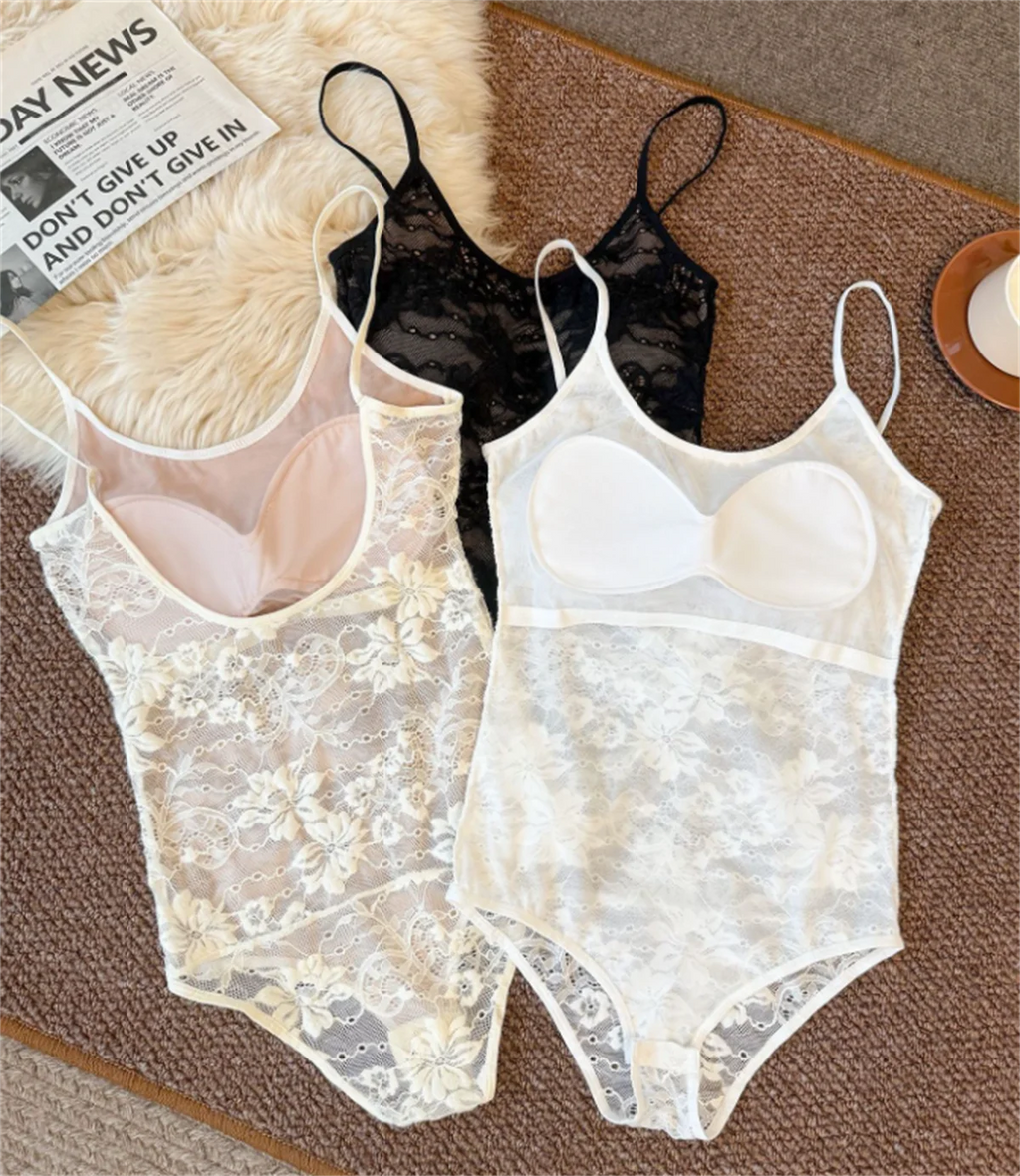 Sexy Lace Slim Jumpsuit Women Sleeveless Backless Solid Hollow Out Tops Summer Fashion Y2K Spaghetti Strap Top Lady Party Club