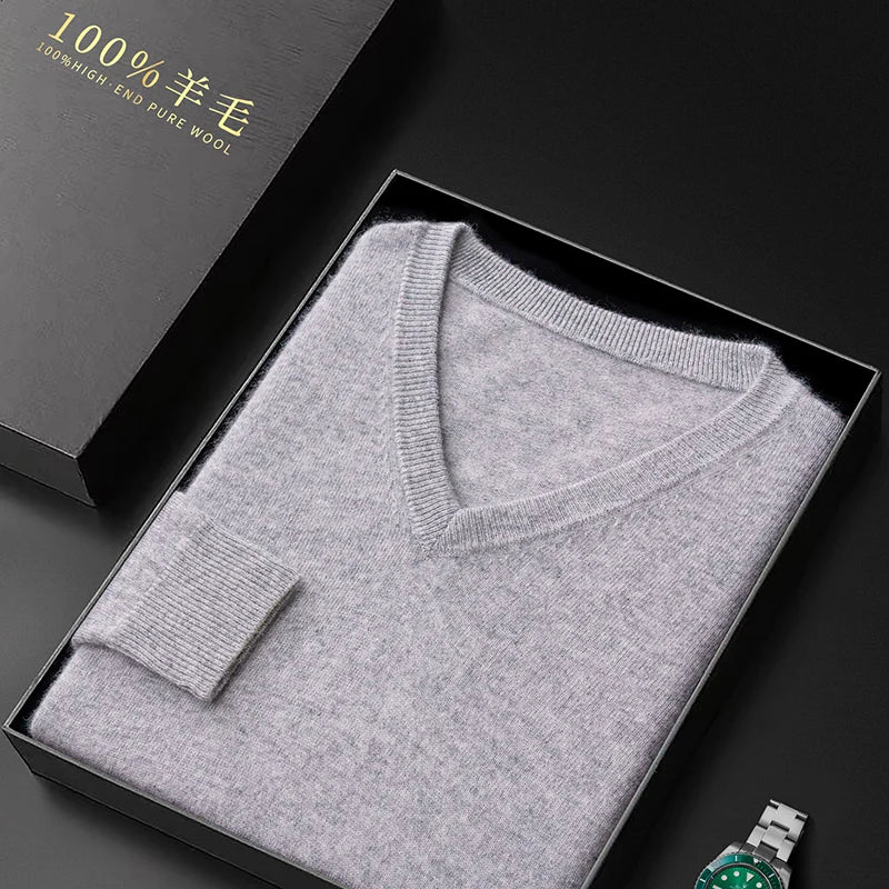 100% Merino Wool Men's V-Neck Pullover Autumn and Winter Basic Knit Versatile Sweater Casual Long Sleeve Shirt Cashmere Man Top