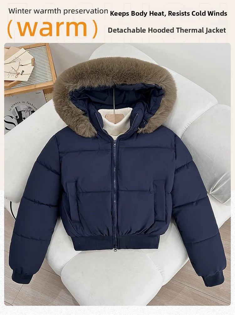 Women's Short Thickened Winter Cotton Jacket Quilted Coat Fur Collar American Retro Style Warm Casual Fashion Regular Fit