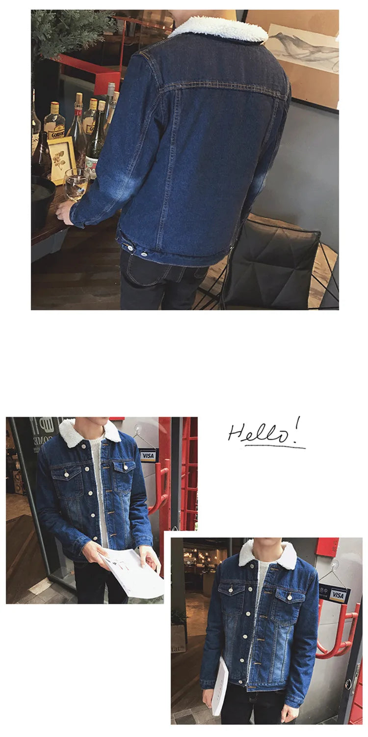 Thickened Fleece Winter Jacket for Men Youth Casual Style Long Sleeve Denim Coat with Stand Collar Button Closure Slim Fit