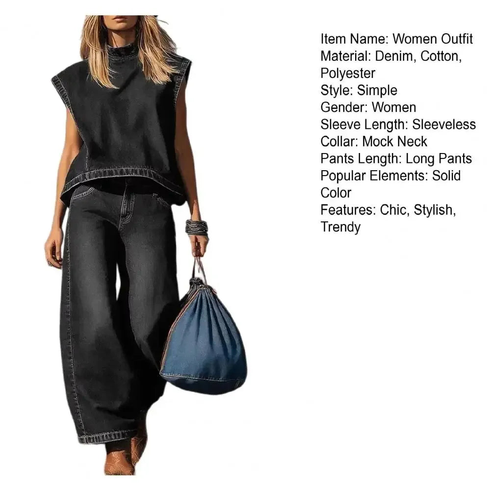 Wide-leg Denim Vest Pants Set 2026 Women Summer Outfit Sleeveless Top Trousers Set Casual Women Outfit Party Wear Two-piece Set