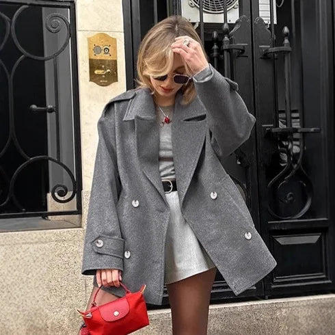 Gray Wool Blend Coat Notched Lapel Double Breasted Long Sleeve Cuff Detail Loose Mid-Length Women Commuter Woolen
