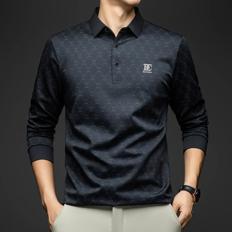 BROWON 2026 Spring Autumn Elegant Polo Shirts for Men Long Sleeve Lapel Color Printed Soft Comfortable Males Tops and Tees