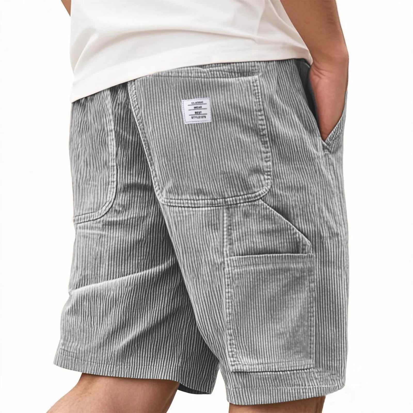 2026 Summer Men's Retro Corduroy Workwear Shorts Elastic Waist Multi-Pocket Casual Shorts Embroidery Daily Shorts For Male