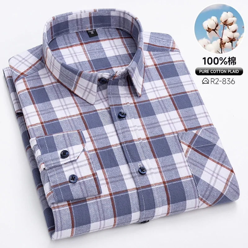 Classic Retro Plaid Flannel Shirt Long Sleeve 100% Cotton Fashion Casual Soft Spring Autumn Winter Standard Pocket Men's Shirt