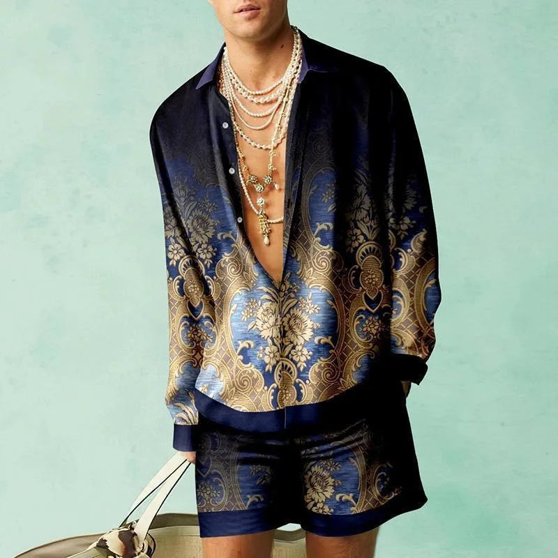 2PCS Suits Men Fashion Shirts+Shorts Two Piece Sets Hawaii Shirts Luxury European Shirt Sets Beach Vocation Outfits Streetwear