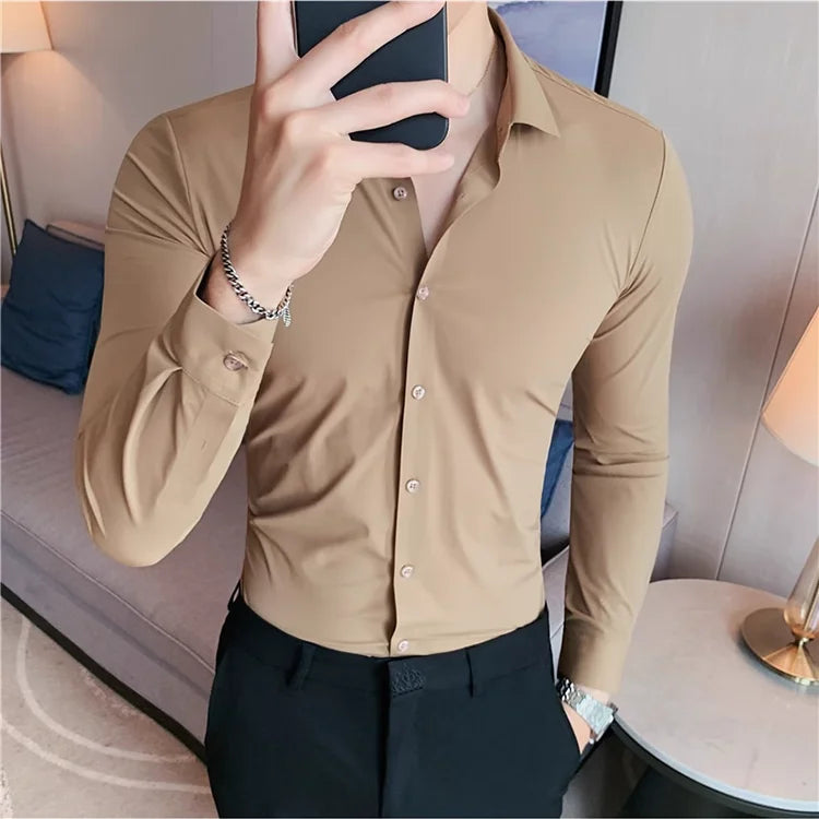 Men's Ultra Stretch Seamless Long Sleeve Shirt Top Quality Business Casual Breathable Stretchable Solid Color Formal Dress Shirt