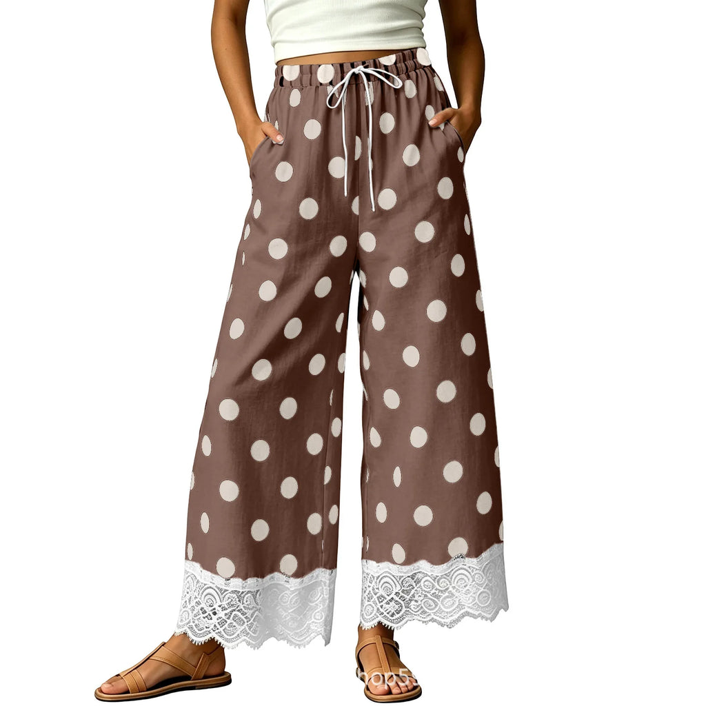 Ladies' Casual Wide Leg Pants, Thin and Sweet, Nine PointWide LegPants, Loose ElasticWaisted Lace Pants, Women's Polka Dot Cheap
