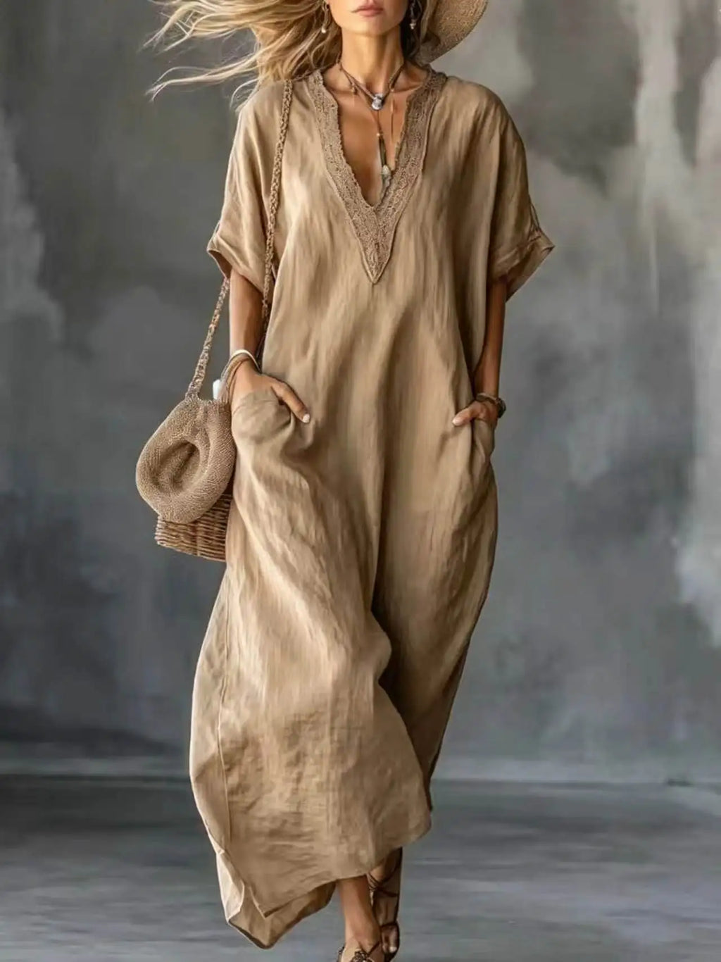 2026 New Summer Women's Dress Solid Color V-neck Bohemian Style Retro Fashionable And Comfortable Elegant Pocket Simple Vestidos