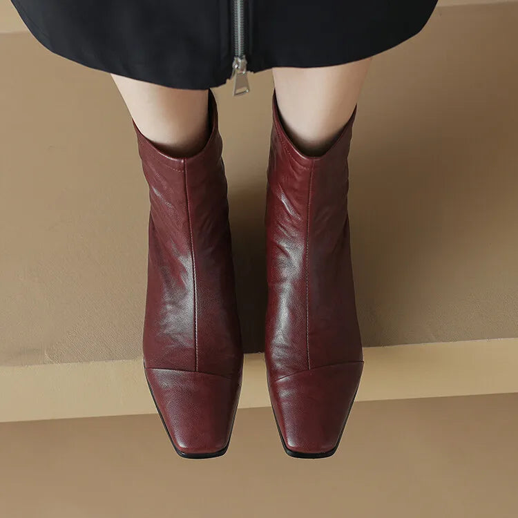 NEW Autumn/Winter Women Boots Square Toe Low Heel Shoes Genuine Leather Shoes for Women Concise Zipper Short Boots Modern Boots