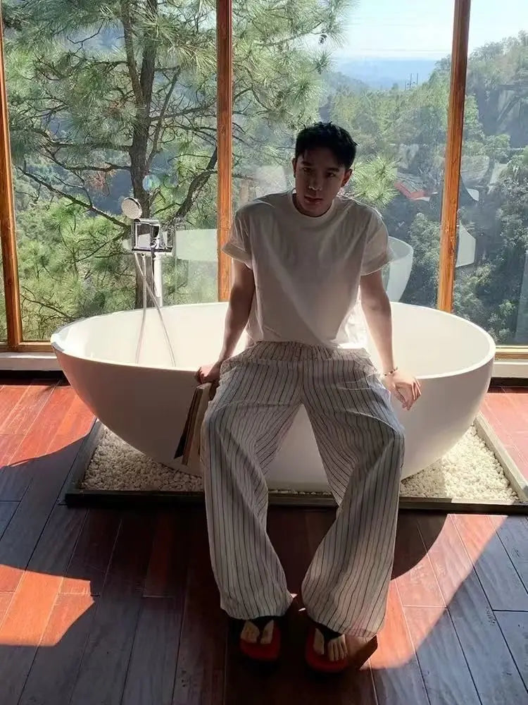 Classic Women Summer Vertical Striped Wide Leg Pants Elastic Drawstring High Waist Mini Embroidery Logo Loose Casual Trousers