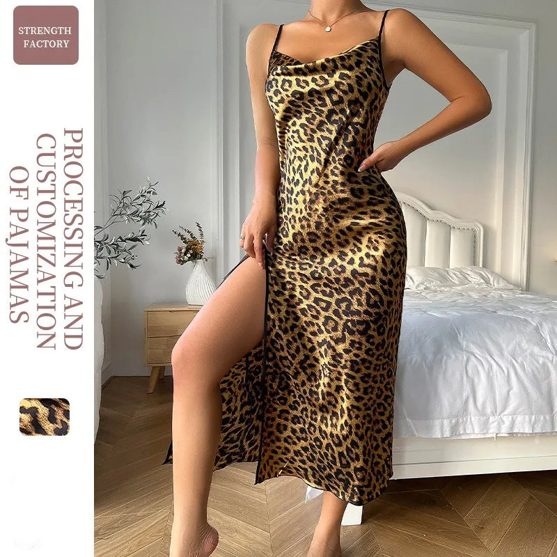 Ice Silk Slip Dress Summer Thin Breathable Silk Like Sexy Leopard Print Women's Backless Split Sling Nightdress