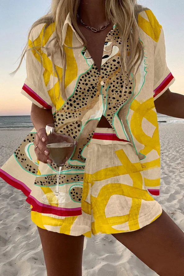 Fashion Print Beach Holiday 2-Piece Set Women Summer Short Sleeve Shirt Top + Wide Legs Short Women's Oversized Two-Piece Outfit