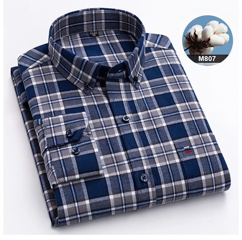 New in ShirtPlus Size 7XL 100% Cotton Sanding Long-Sleeve Shirts for Men Slim Fit Plain Shirt Striped Plaid Single Pocket Clothe