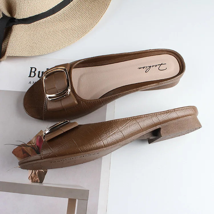 Summer Women Square Buckle Open-Toe Slippers Single Strap Flat Sandals Lady Solid Color Outdoor Beach Shoes Adult Casual Sandals