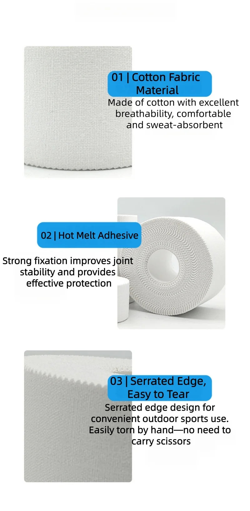 4 Rolls Athletic Tape Cotton Medical Sports Tape Latex Free Easy Tear No Scissors for Physical Therapy ﻿