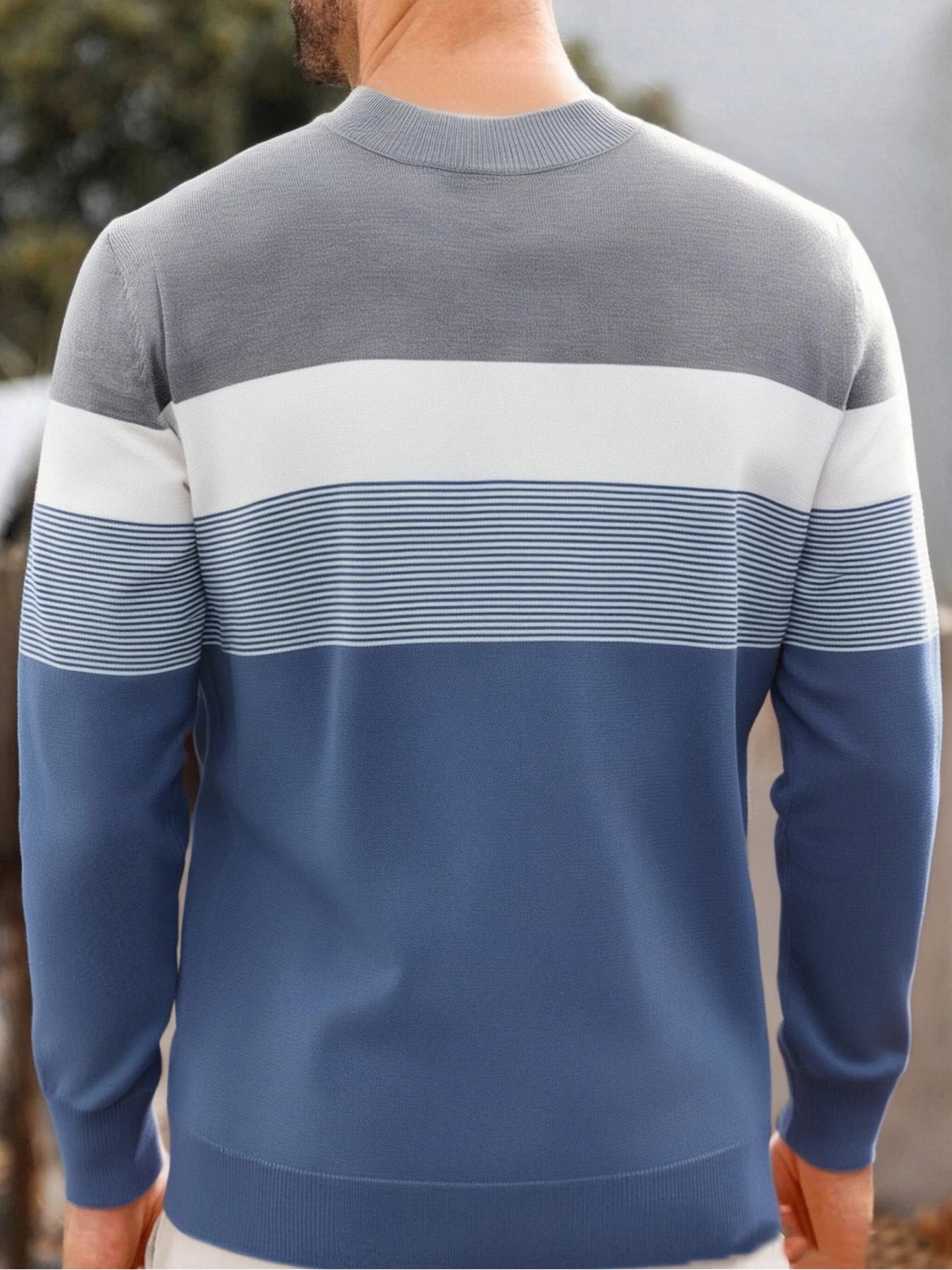 Men Spring Autumn Crew Neck Color Block Horizontal Striped Knit Sweater Long Sleeve Slim Casual Pullover Tops