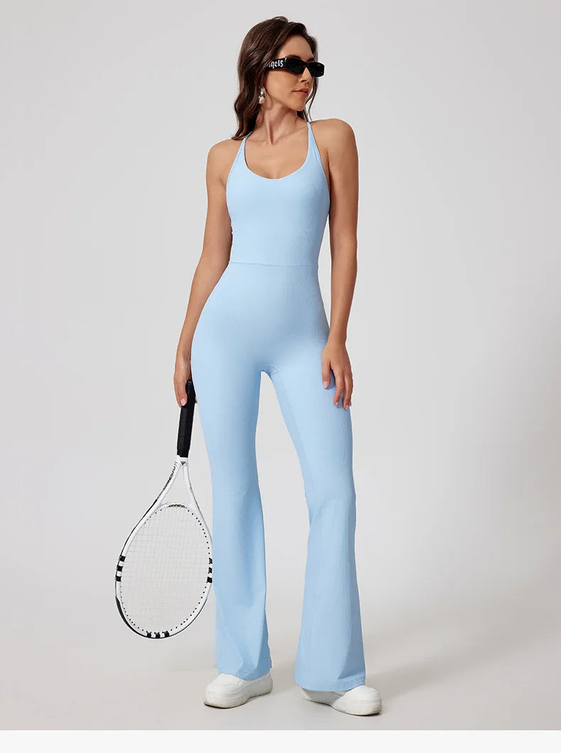 Women Thread Yoga Jumpsuit Sleeveless Gym Tracksuits Flared Overalls Workout Bodysuits Sportswear Female Sports One-Piece Outfit
