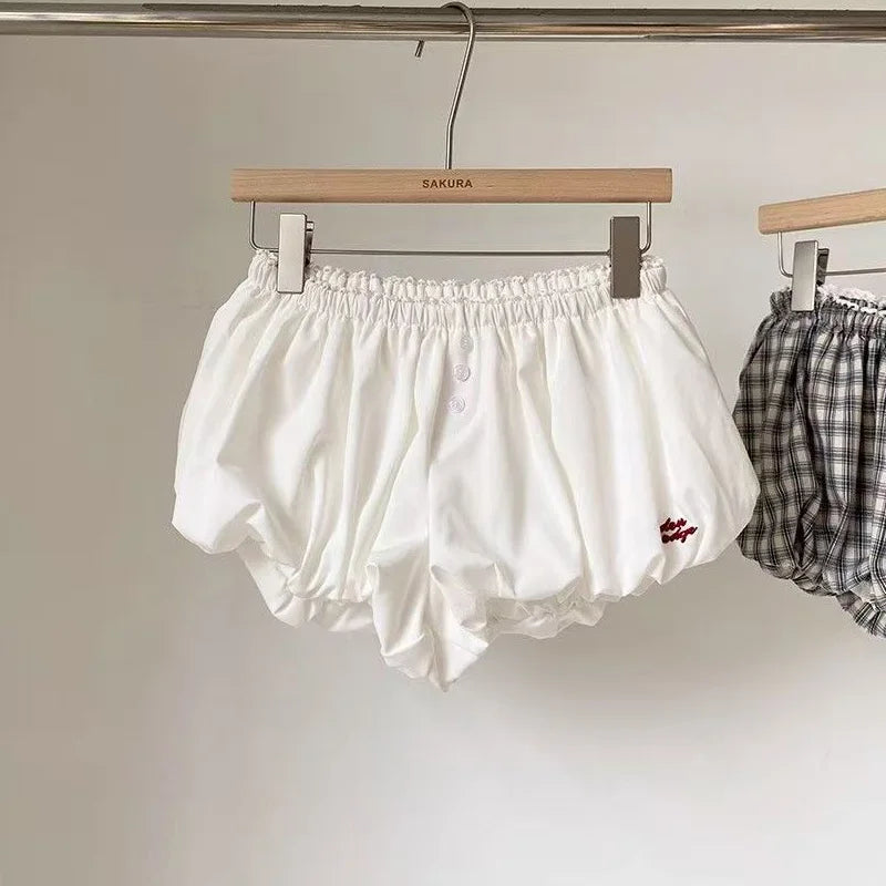 Womens Plaid Bubble Shorts Elastic Waist Bloomer Shorts Casual Short Pants Summer Streetwear
