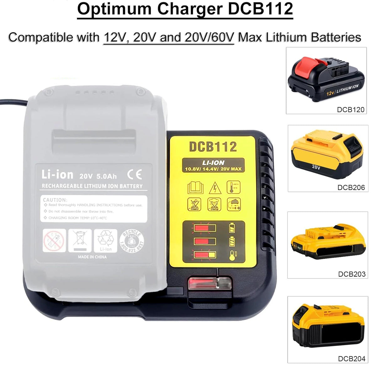 DCB112 Charger Repalcement for Dewalt 12V/20V Battery Charger Compatible with Dewalt 12V/20V Max Battery DCB200 DCB203 DCB125 DCB107