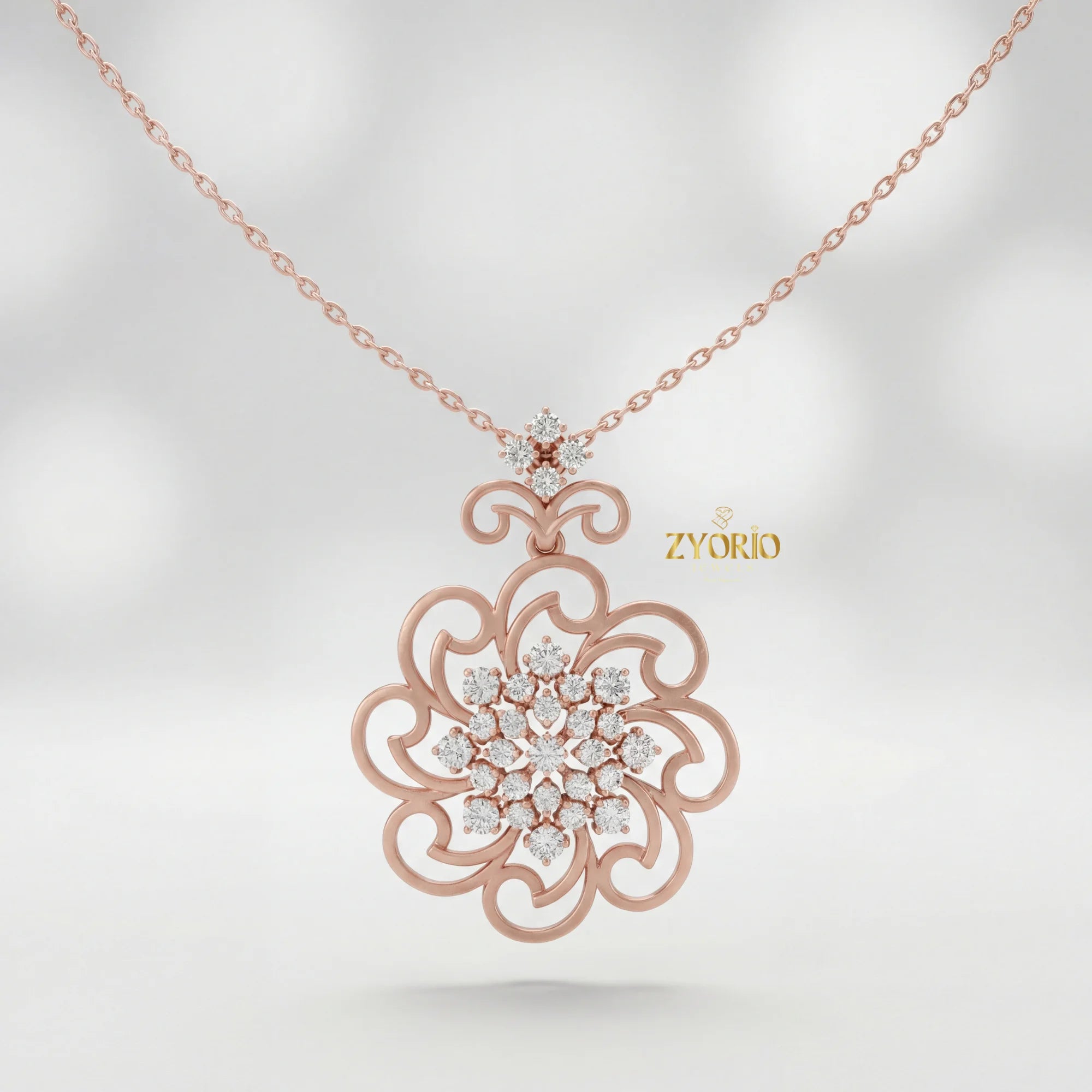 Rose Gold Floral Lab Grown Diamond Pendant Sterling Silver Elegant Sustainable Modern Luxury Women's Jewelry