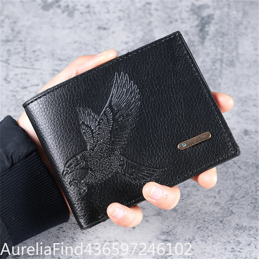 Men Slim Short Wallet Soft‑Leather Eagle‑Pattern High‑Appearance Coin Purse Card Holder For Student Youth Daily Travel Storage Accessory
