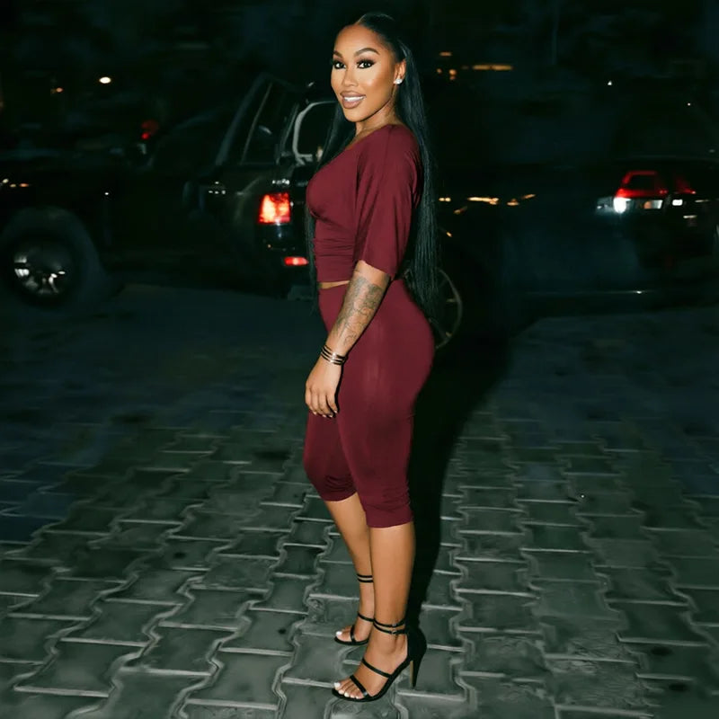 Fashion 2 Piece Set Women Y2k Solid V-Neck Cincher Top and Capri Pants Suits New 2026 Going Out Matching Outfits Two Piece Sets