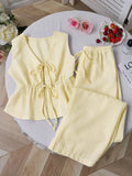 Striped Two Piece Set Women V Neck Bow Lace Up Sleeveless Blouse High Elastic Waist Wide Leg Pants Suits Sweet Casual Tracksuits