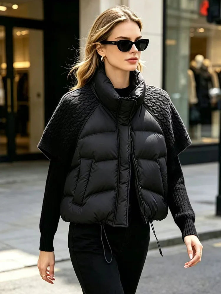 Janveny 2026 New Winter Turtleneck White Duck Down Vest Women Patchwork Knitted Warm Drawstring Short Soft Puffer Down Waistcoat