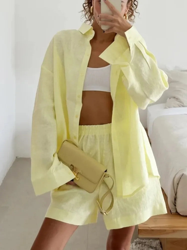 Women 2 Piece Shorts Set Casual Solid Loose Holiday Tracksuit Long Sleeve Cardigan And High Waist Female Shorts Sets 2025 Summer