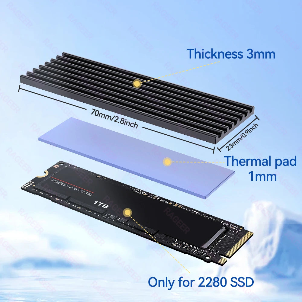 RAGEER M.2 Solid State Drive Heat Sink Aluminum Alloy M.2 2280 SSD Cooler with Thermal Pad，for 2280 Drives