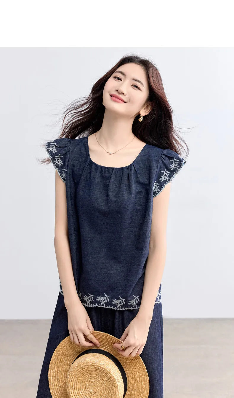 SENTUBILA Summer Demin Pant Sets Woman 2 Piece Outfits 2026 Vintage Flora Embroider Tops Cropped Pant Women's Suit W52ZC2349