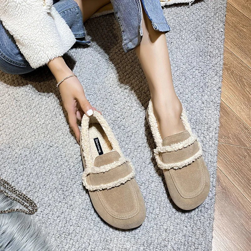 2026 Faux Suede Flats Women Lambswool Loafers Winter Warm Cotton Shoes Ladies Platform Fleeces Mocasines Female Sheep Fur Boots