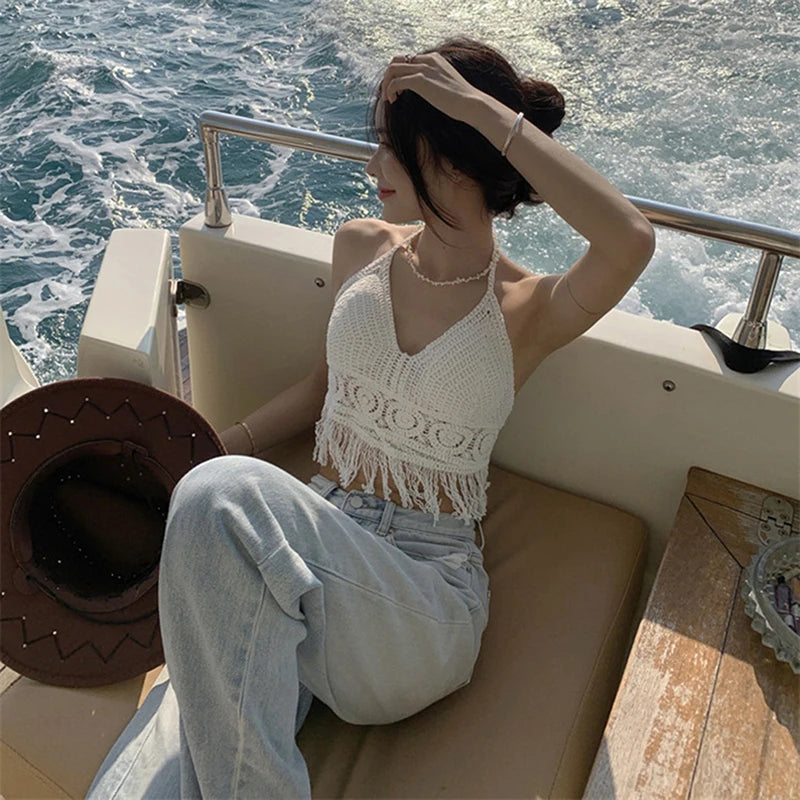 Sexy Boho Beach Vacation Camisole Women's Crochet Swimsuit Bra Halter Tank Top Hollow Fringe Cropped Tops Halter Neck Camisole