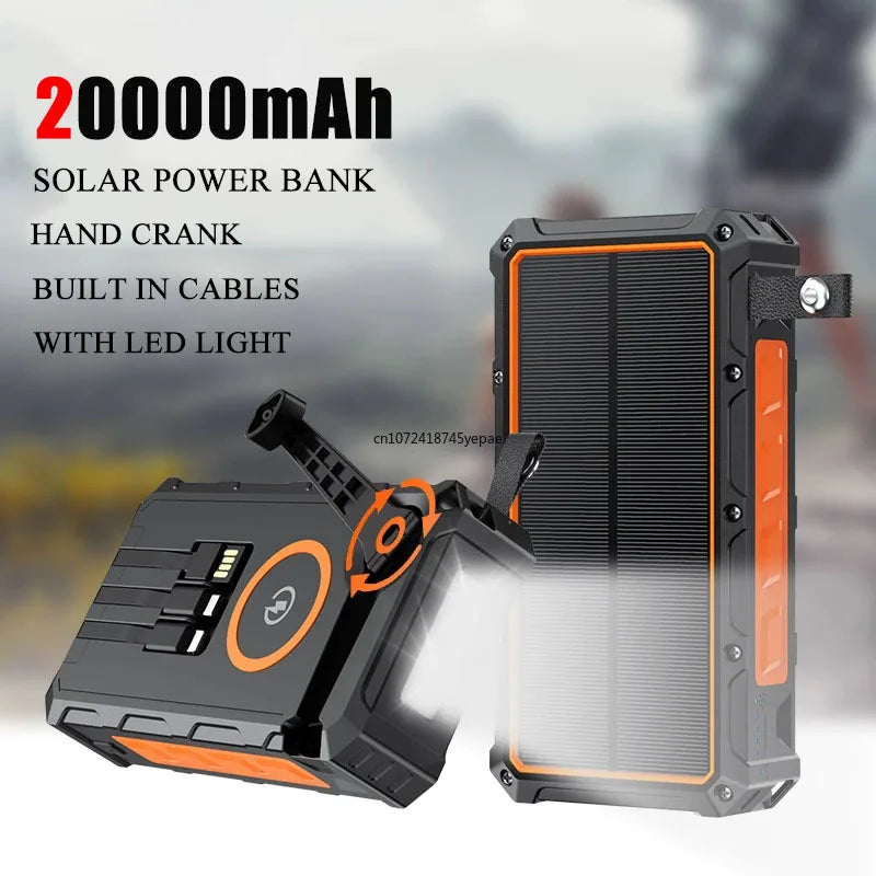Portable Hand Crank Solar Power Bank With LED Light 20000mAh Large Capacity Fast Charging Powerbank Externala Battery Charger