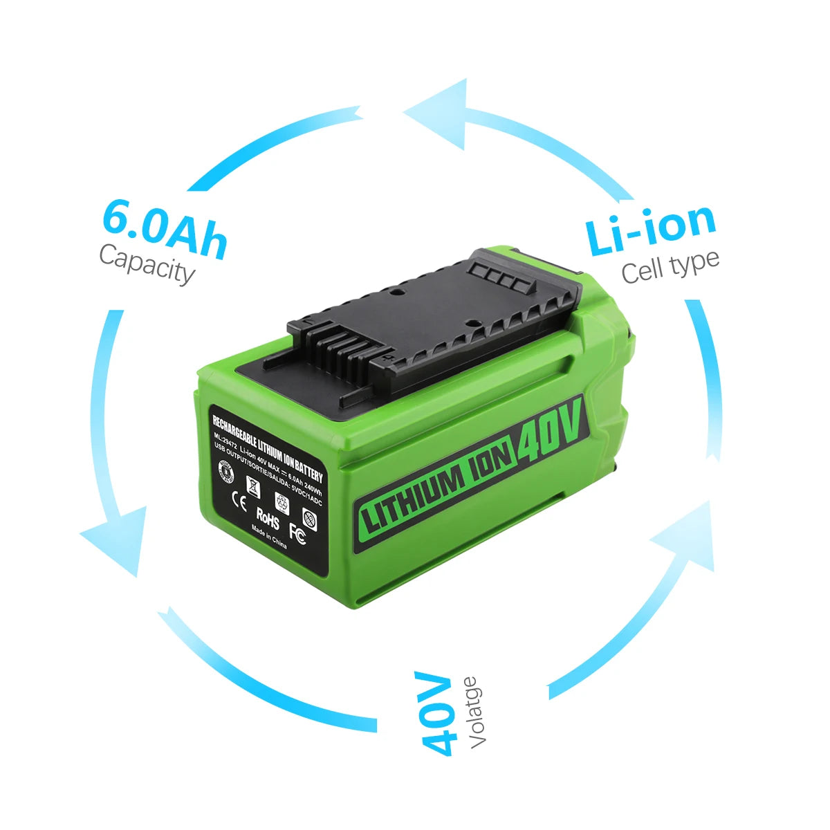 40V  6Ah rechargeable for G-MAX Li-ion Battery for Greenworks Manufacturer Replacement Battery for Lawn Mower Power Tools