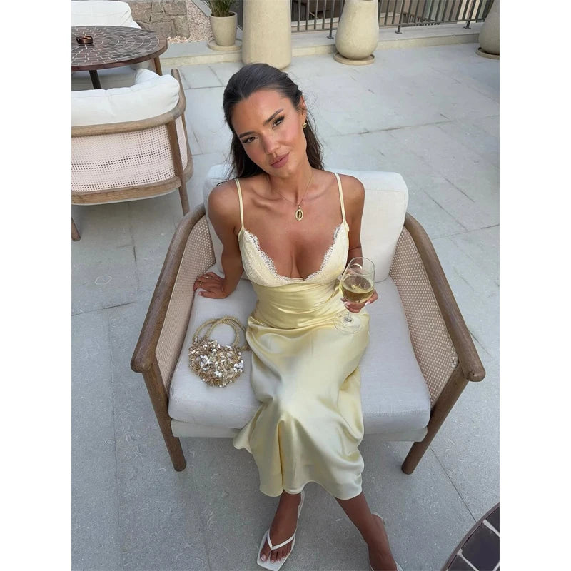 Women Elegant Satin Lace Trim Midi Dress Solid Lace Patchwork Short Sleeve V-neck Summer Dresses 2026 Summer New Holiday Robes