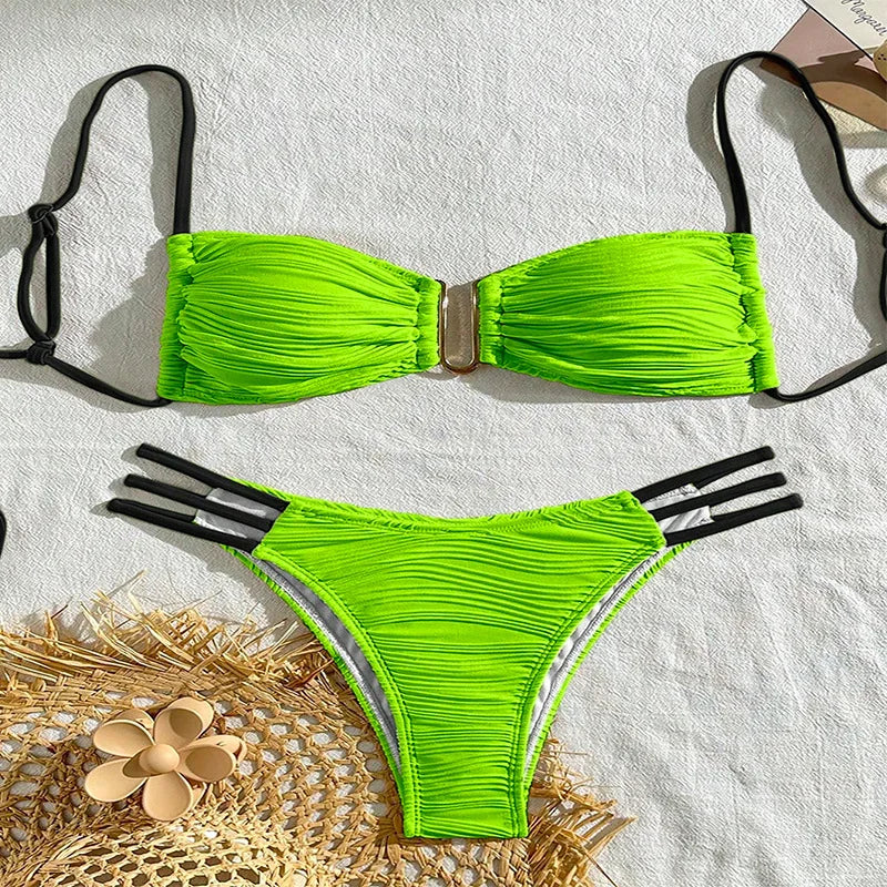 Vzvn Sexy Solid Beach Vacation Bikinis Set Women Split Swimsuit Bikini 2026 New All Season Backless Bandage Bikinis 2 Piece Set