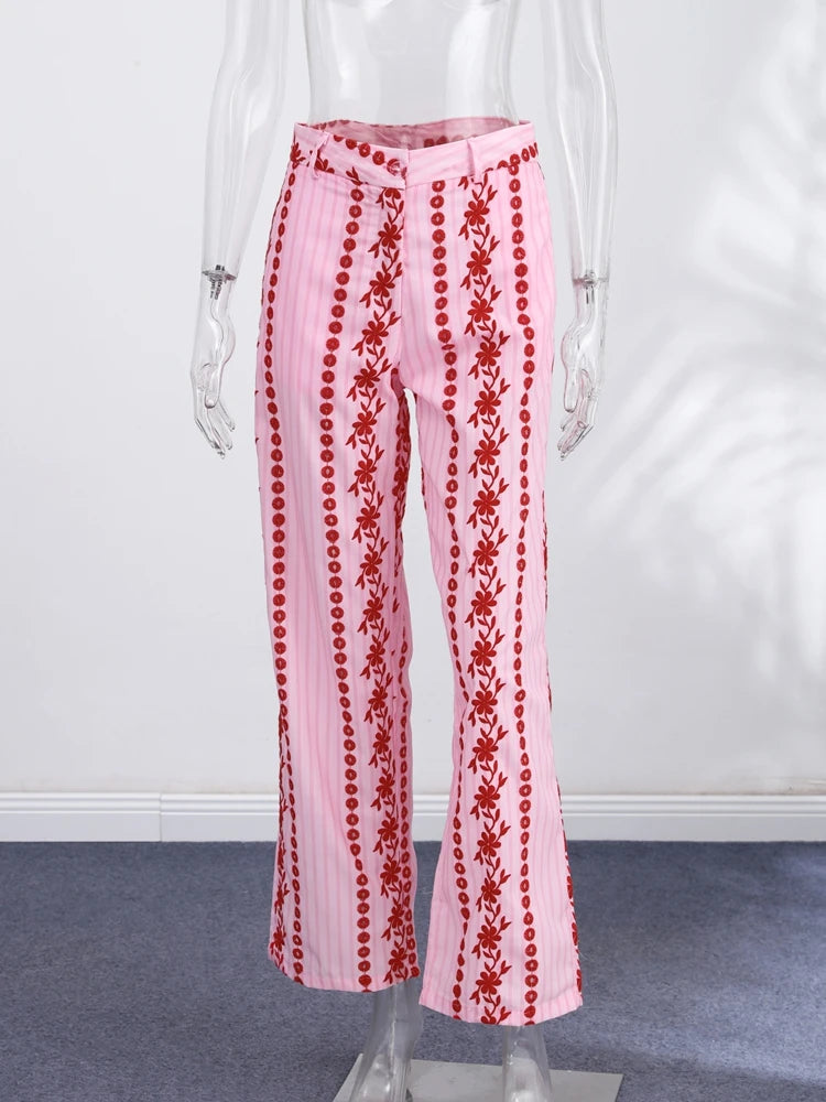 Casual Print Embroidery Pants Women High Waist Straight Hollow Out Trousers Female 2026 Spring Summer New Chic Cotton Streetwear