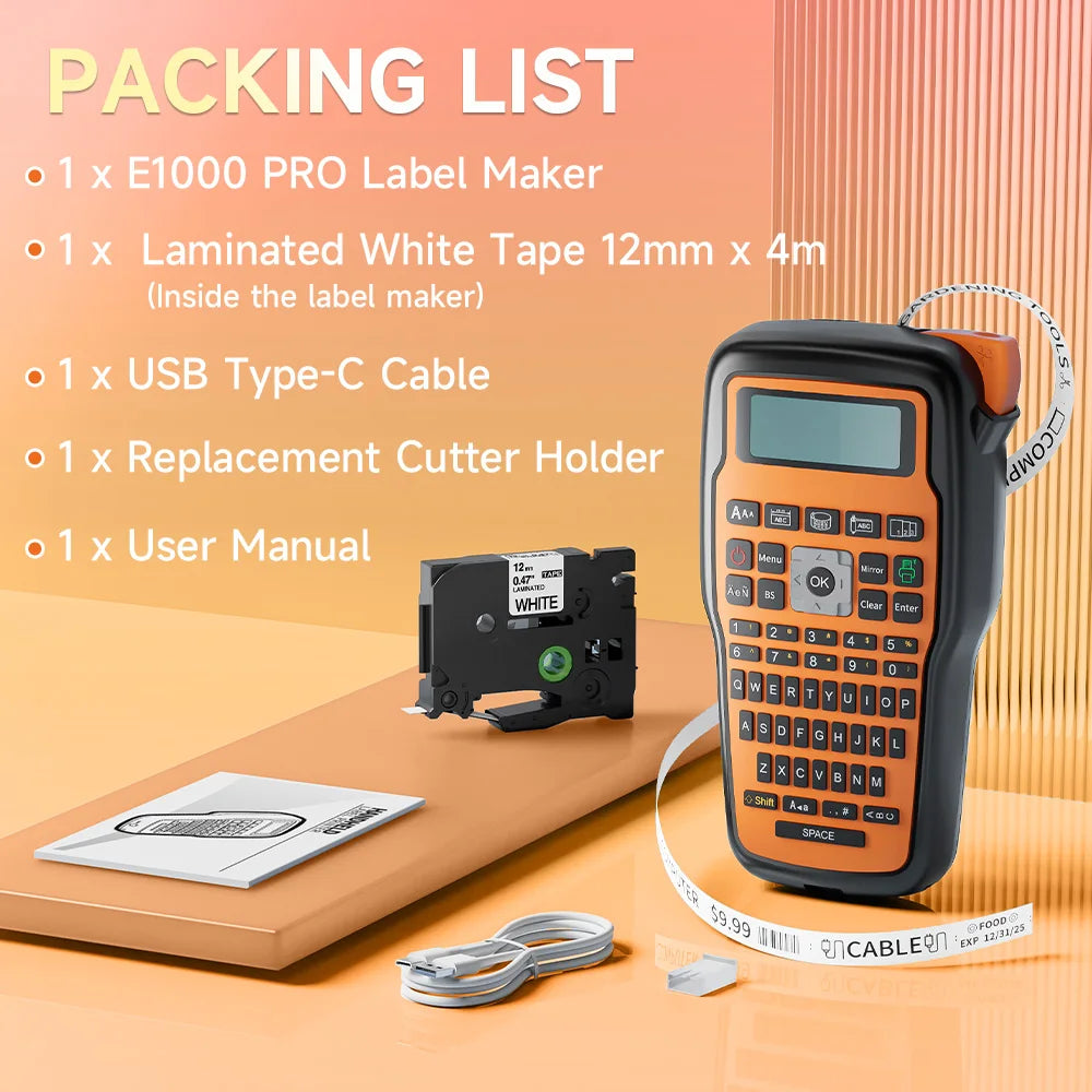 Industrial Labeling E1000 PRO Label Maker Printer Keyboard Symbol Compatible for Brother TZ231 Label Maker Tape Heat Shrink Tube