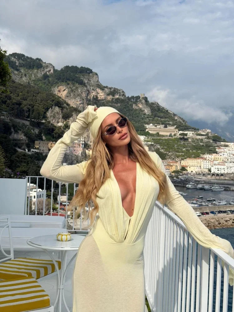 Luxury See Through Mesh Bodycon Maxi Dress For Women Lady Long Flared Cuff Deep V Neck Pleated Beach Holiday Evening Party Gown