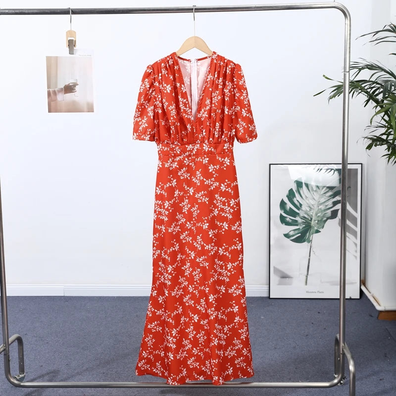 Sexy Deep V-neck Women's Floral Print Dresses 2026 Summer Elegant Waist-cinching Short Sleeve Pleated Long Robes Ladies Dress