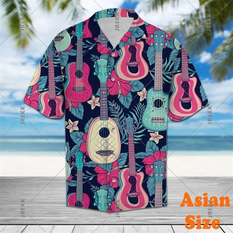 DJ Music Party Neon Print Hawaii Shirt Men's Clothing Cool Guitar Streetwear Shirts Bar Personality Trend Button Blouse 2025