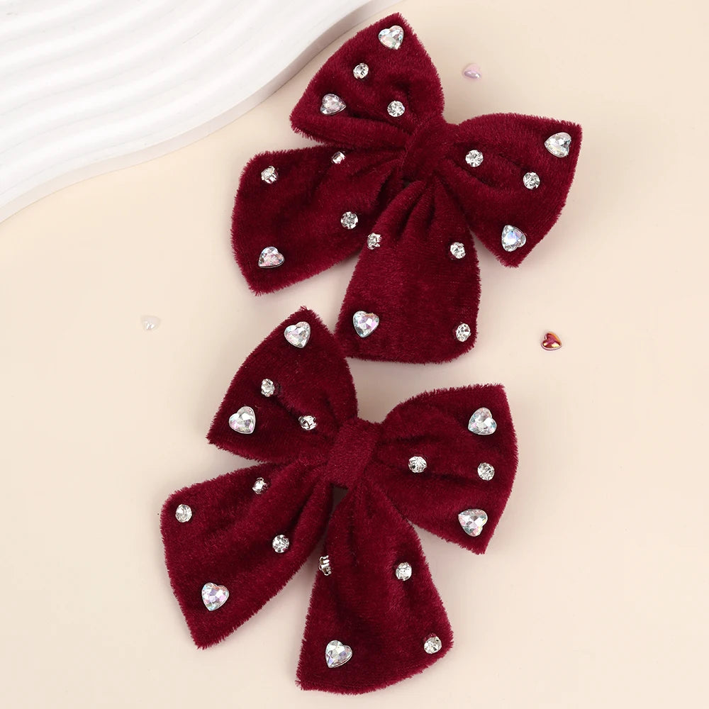 2Pcs Girls Velvet Bow Hair Clips Elegant Heart Shape Rhinestones Hairpins Vintage Burgundy Barrette Fall/Winter Hair Accessories