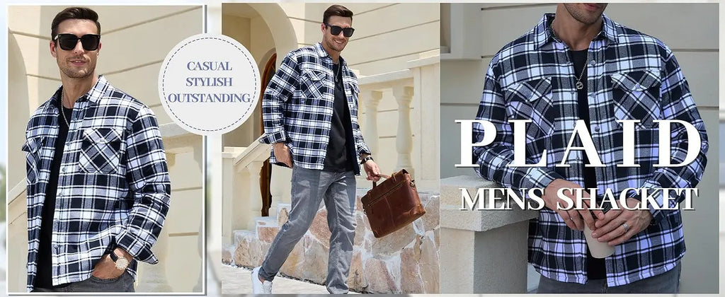 MAGCOMSEN Flannel Shirt with Quilted Lined Jacket Mens Long Sleeve Plaid Shirt Coat Button Down Outerwear Winter Male