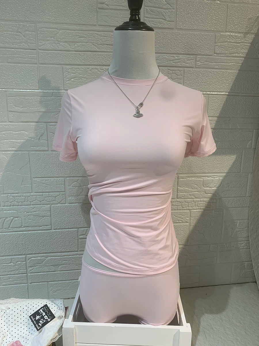 Solid High Elasticity Tee Shorts Pajama Set Woman O-neck Short Sleeve T-shirt+Low Waist Underwear Casual Home 2 Piece Sets New