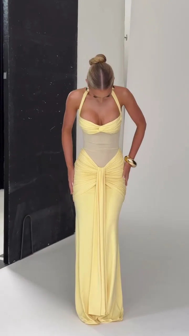 Suninheart Draped Maxi Evening Dress Women Elegant Halter Prom Dresses Wine Formal Occasions Backless Dress Sexy