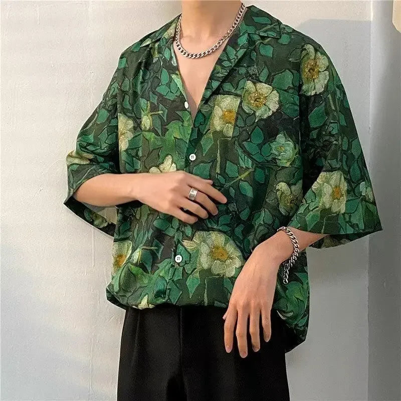 New Summer Casual Short Sleeved Shirt Korean Version Fashionable Men's and Women's Loose Collar Hawaiian Seaside Flower Shirt